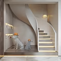 Modern Interior With Spiral Staircase Dog Statues Wearing Orange Hats Bookshelves And Pendant Light