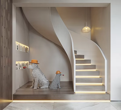 Modern Interior With Spiral Staircase Dog Statues Wearing Orange Hats Bookshelves And Pendant Light 3d model