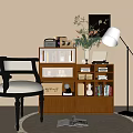 Wooden Console Cabinet with Glass Doors Books Decorative Items Chair and Floor Lamp in Entryway