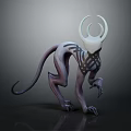 3D Model of Fantasy Creature With White Circular Horns Slender Body Clawed Limbs And Black Patterns