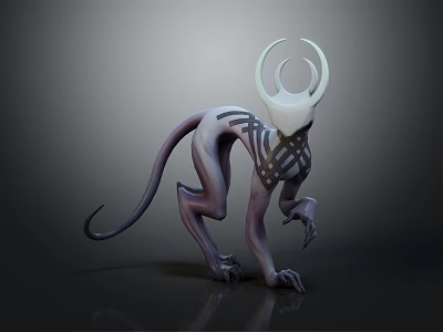 3D Model of Fantasy Creature With White Circular Horns Slender Body Clawed Limbs And Black Patterns 3d model