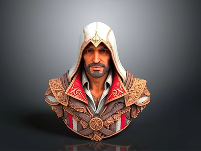 Hooded Man Bust With Red Lined Robe And Ornate Chest Emblem 3d model