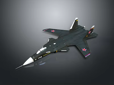 Dark Colored Fighter Jet With Red Star Markings Pointed Nose Number 102 3D Render 3d model