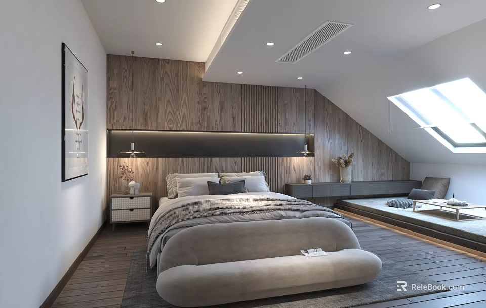 Modern Bedroom Interior Design With Wooden Wall Paneling Bedside Lamps Bed And Window Rug 3d model 