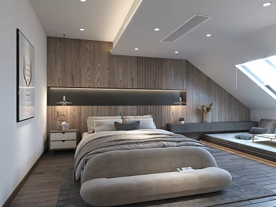 Modern Bedroom Interior Design With Wooden Wall Paneling Bedside Lamps Bed And Window Rug 3d model