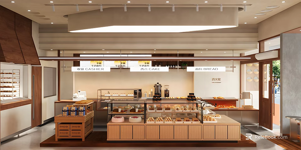 Dessert Shop Interior With Wooden Display Cases Fresh Pastries Cake Counter And Warm Lighting 3d model 