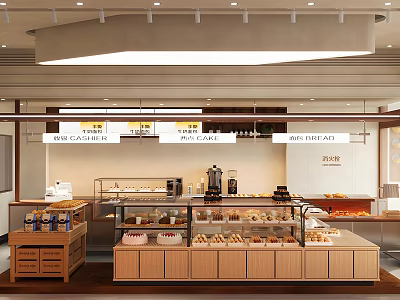 Dessert Shop Interior With Wooden Display Cases Fresh Pastries Cake Counter And Warm Lighting 3d model