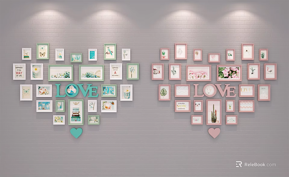 Heart Shaped Photo Wall with Multiple Frames LOVE Lettering and Decorative Prints in Cozy Style 3d model 