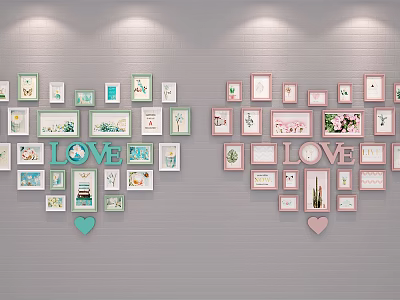 Heart Shaped Photo Wall with Multiple Frames LOVE Lettering and Decorative Prints in Cozy Style 3d model