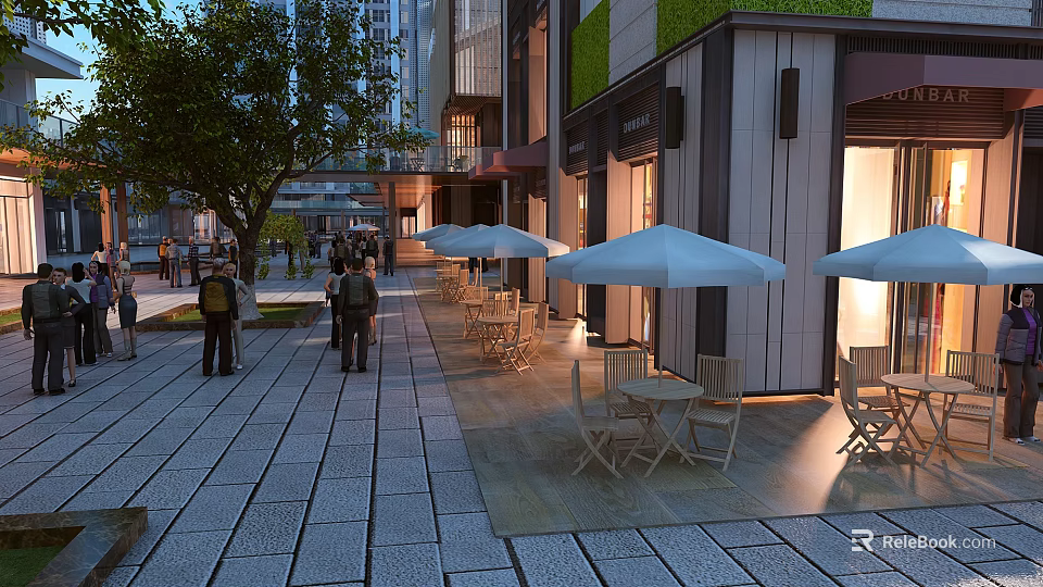 Evening Lit Commercial Street with Outdoor Dining White Umbrellas Trees and Pedestrians 3d model 