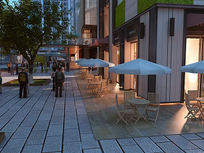 Evening Lit Commercial Street with Outdoor Dining White Umbrellas Trees and Pedestrians 3d model
