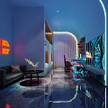 Gaming Themed Hotel Room With Computer Setup Ergonomic Gaming Chair Neon Lights And Blue Ambient Lighting
