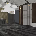 Modern Lobby Interior Design With Marble Floor Chandeliers Reception Desk And Elevator Doors