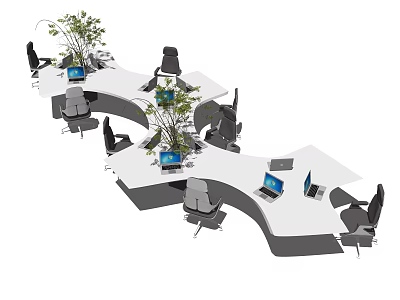 Modern Irregular Shaped Office Desks With Laptops Green Plants And Black Chairs 3d model