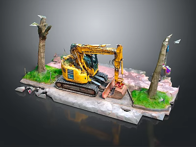 Detailed Yellow Excavator Model Scene With Trees Broken Ground And Grass 3d model