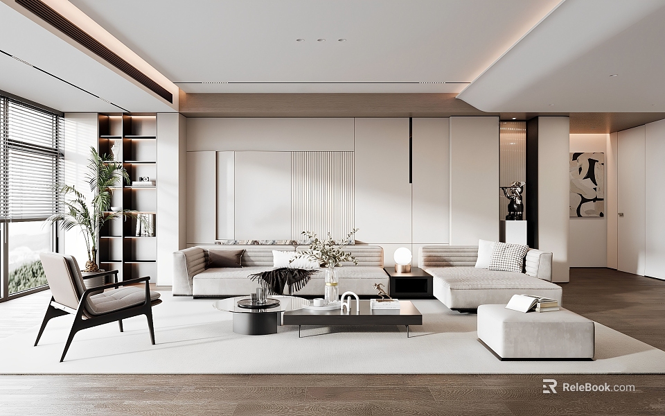 Modern Minimalist Living Room Interior With Light Sofa Coffee Table And Wooden Flooring 3d model 