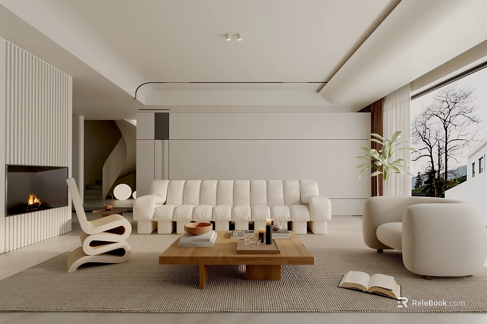 Modern Minimalist Living Room Interior With White Sofa Wooden Coffee Table Fireplace And Large Window 3d model 