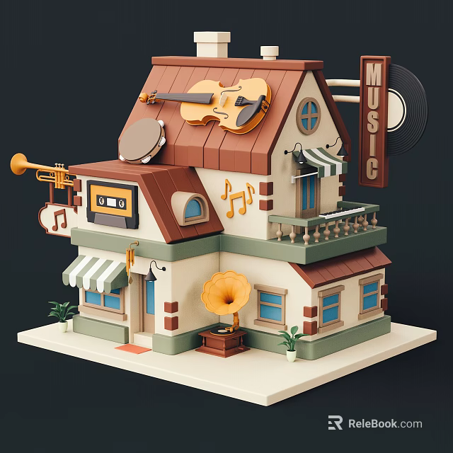 Quirky Musical Themed Building With Violin Gramophone Trumpet And Music Notes 3d model 
