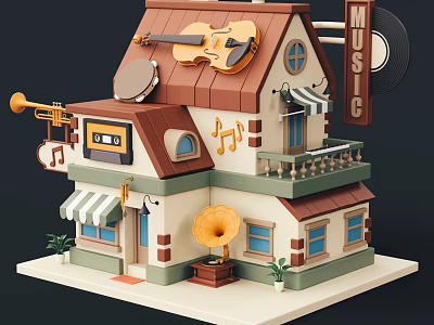 Quirky Musical Themed Building With Violin Gramophone Trumpet And Music Notes 3d model
