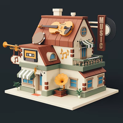 Quirky Musical Themed Building With Violin Gramophone Trumpet And Music Notes 3d model