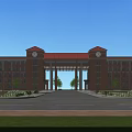 Grand Red Brick School Building With Symmetrical Structure Arched Gateway And Front Plaza Green Lawns