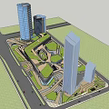 Modern Office Buildings Complex Featuring Tall Towers Green Spaces And Urban Roads