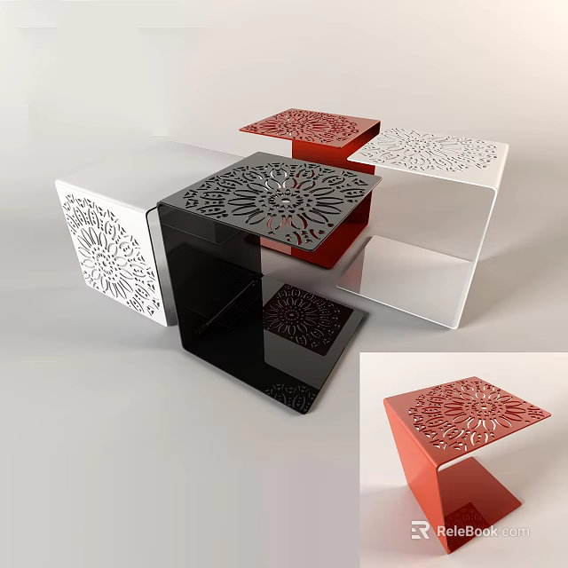 Modern Decorative Side Tables in Red Black White with Intricate Laser Cut Patterns 3d model 