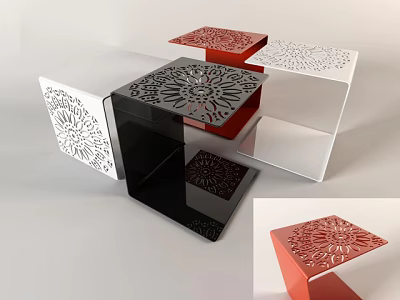 Modern Decorative Side Tables in Red Black White with Intricate Laser Cut Patterns 3d model