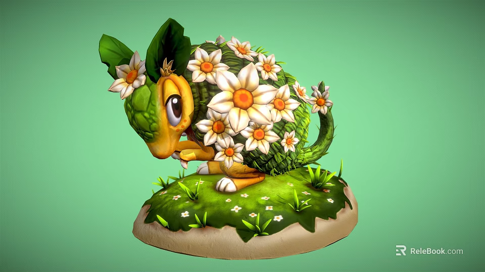 Floral Hedgehog Creature With Green Leaves White Daisies On Grass Base Against Green Background 3d model 
