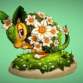 Floral Hedgehog Creature With Green Leaves White Daisies On Grass Base Against Green Background