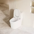 Modern White Toilet In Light Bathroom With Open Lid Shelves Large Window And Natural Light