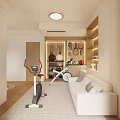 Modern Recreation Room Interior With Exercise Bikes White Sofa And Decorative Shelves