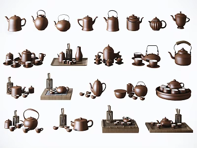 Traditional Ceramic Tea Ware Collection With Various Teapots Cups And Trays 3d model