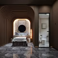 Modern SPA Sauna Interior Design With Massage Bed Circular Skylight Dark Walls And Stone Floor