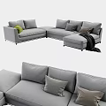 Modern Gray L Shaped Sectional Sofa with Multiple Pillows and Soft Throw Blanket 3d model
