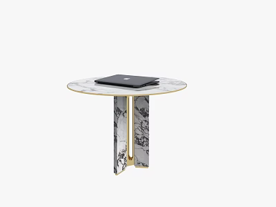Elegant Modern Round Table With Marble Top Metal Base And Laptop 3d model