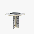 Elegant Modern Round Table With Marble Top Metal Base And Laptop