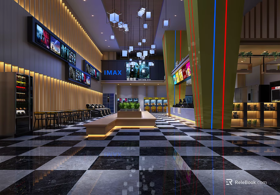 Modern Cinema Lobby With IMAX Screen Chandeliers Black And White Floor Tiles And Seating Area 3d model 