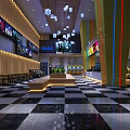 Modern Cinema Lobby With IMAX Screen Chandeliers Black And White Floor Tiles And Seating Area