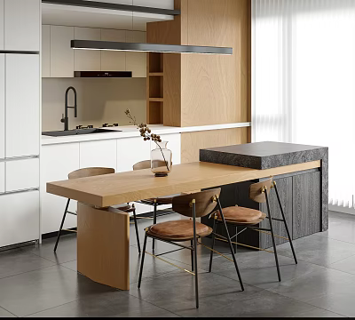 Modern Wooden Dining Table Set With Chairs And Kitchen Interior Elements Design 3d model
