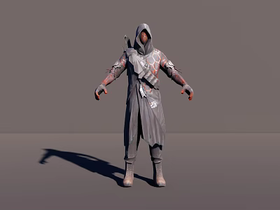 A Man In Gray Hooded Robe With Armor And Weapon Standing Against Gray Background 3d model