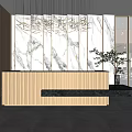 Modern Office Reception Area With Stylish Desk Green Wall Marble Floor And Glass Partitions