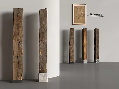 Minimalist Indoor Display Of Wooden Columns With Various Designs And White Bases 3d model