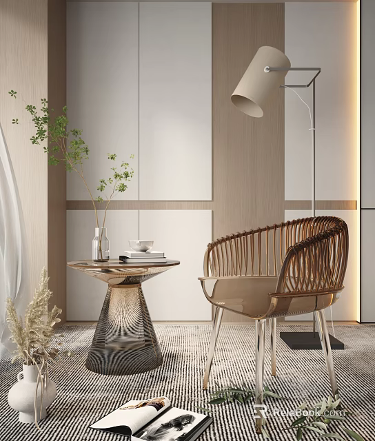 Rattan Leisure Chair In Modern Minimalist Interior With Side Table Plant And Floor Lamp 3d model 