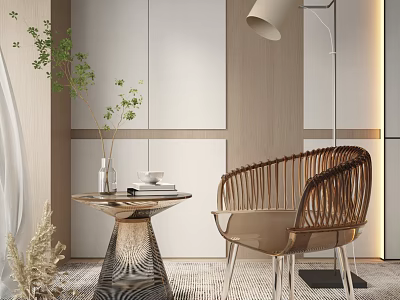 Rattan Leisure Chair In Modern Minimalist Interior With Side Table Plant And Floor Lamp 3d model