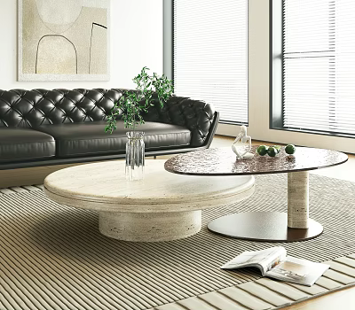Marble And Glass Coffee Tables In Modern Living Room With Black Leather Sofa Green Plant 3d model