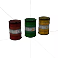 Colored Industrial Drums With Hazard Symbols In Red Green And Yellow
