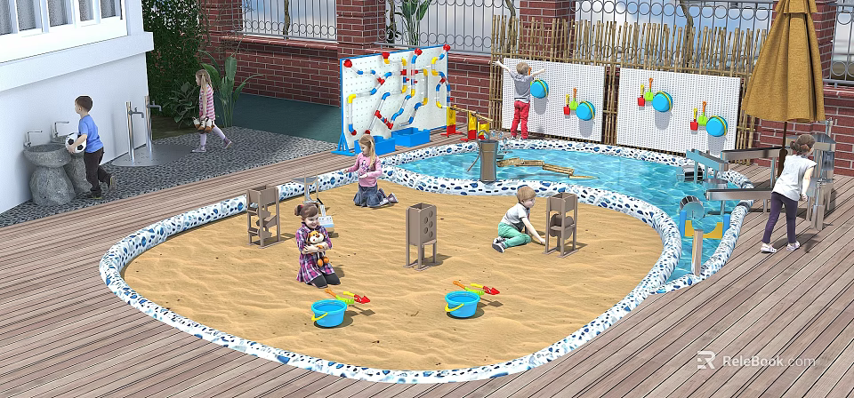 Children's Play Area With Sand Pit Climbing Wall Blue Buckets Shovels And Kids Playing 3d model 