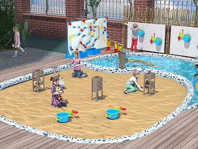 Children's Play Area With Sand Pit Climbing Wall Blue Buckets Shovels And Kids Playing 3d model