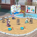 Children's Play Area With Sand Pit Climbing Wall Blue Buckets Shovels And Kids Playing
